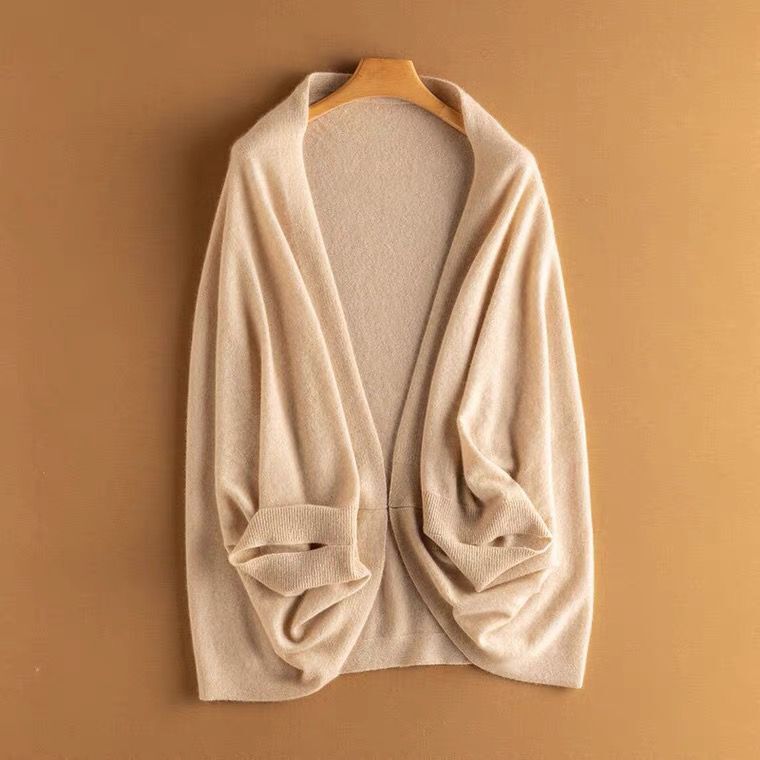 Open Front Knit Cardigan with Shawl Neckline and Ribbed Cuffs