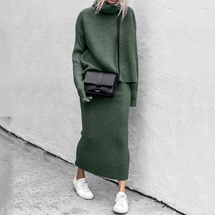 Ribbed Turtleneck Two-Piece Set with Long Sleeves and Maxi Skirt
