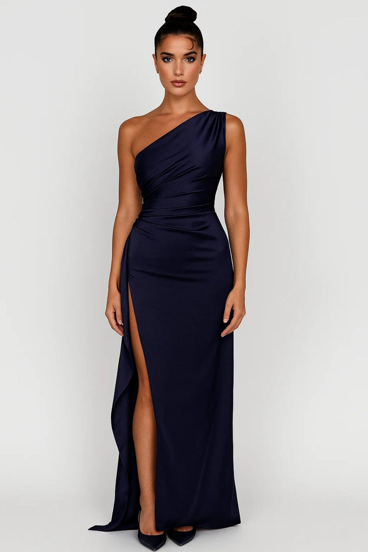 One-Shoulder Maxi Dress with Draped Bodice and Side Slit