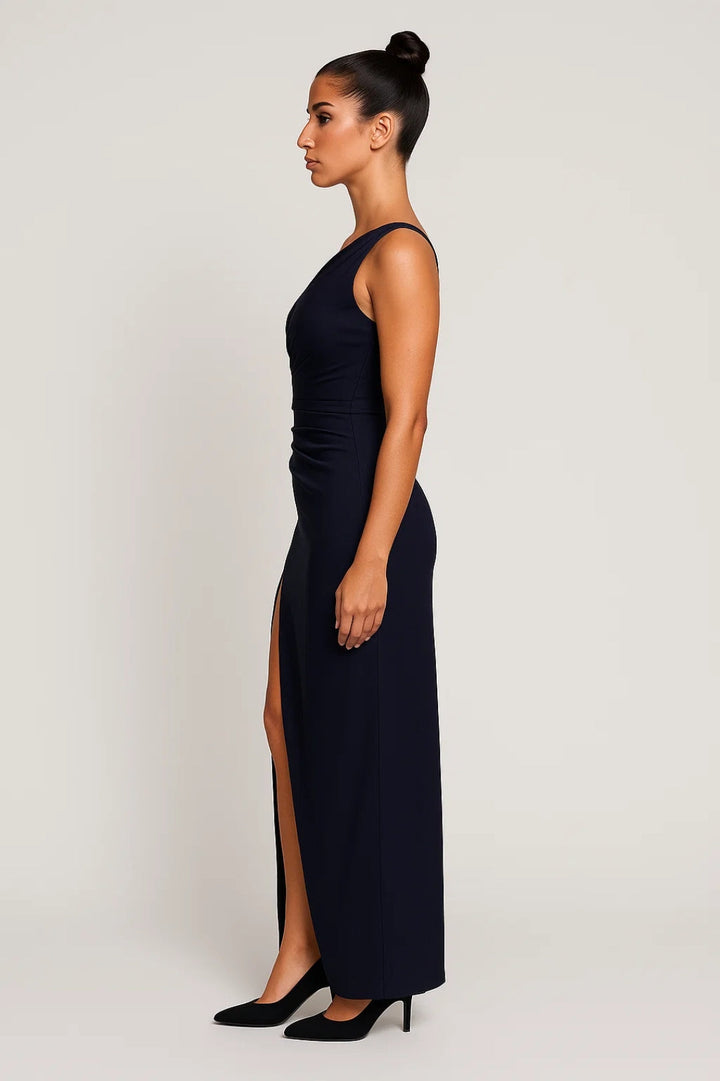 One-Shoulder Maxi Dress with Draped Bodice and Side Slit