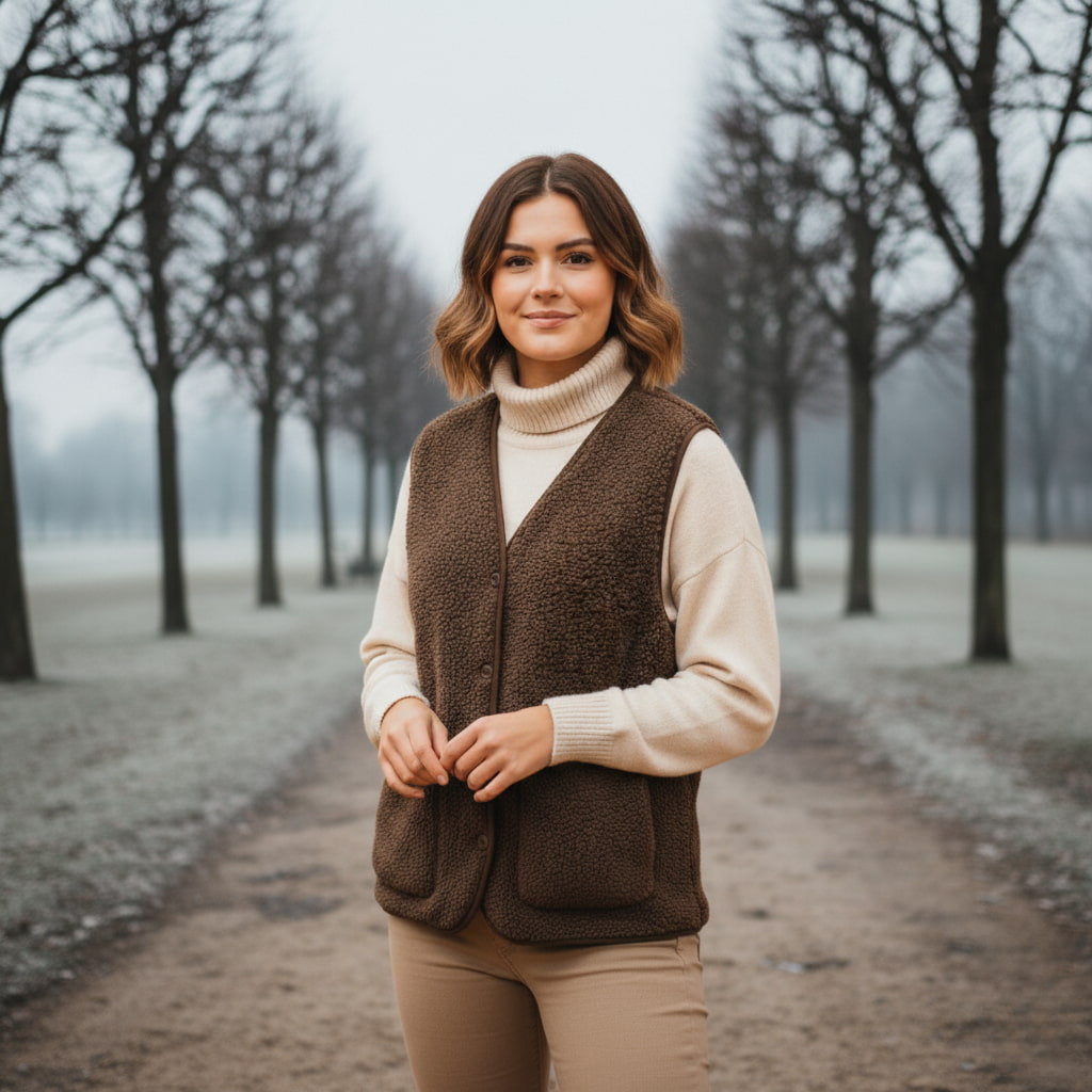 Plush Vest with V-Neckline, Button Closure, and Patch Pockets