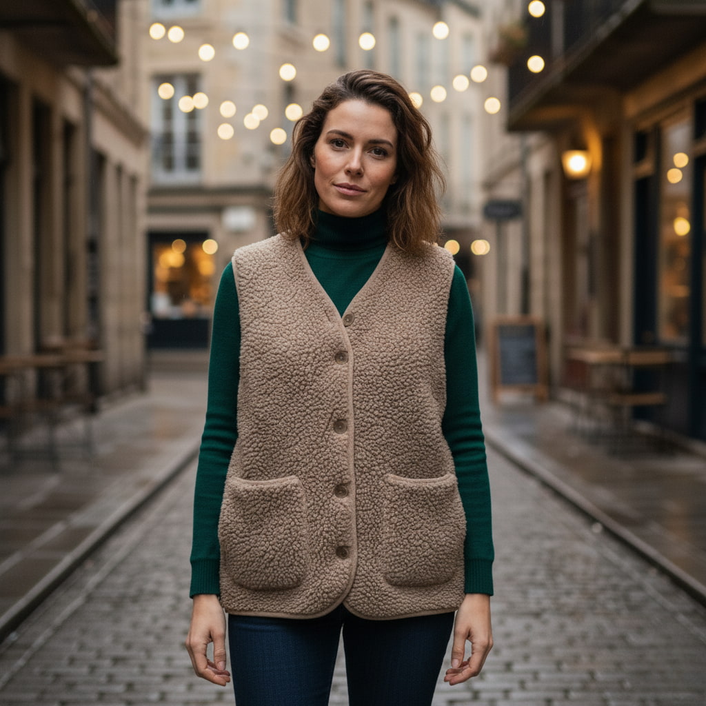 Plush Vest with V-Neckline, Button Closure, and Patch Pockets