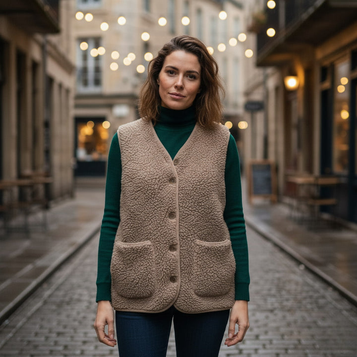Plush Vest with V-Neckline, Button Closure, and Patch Pockets