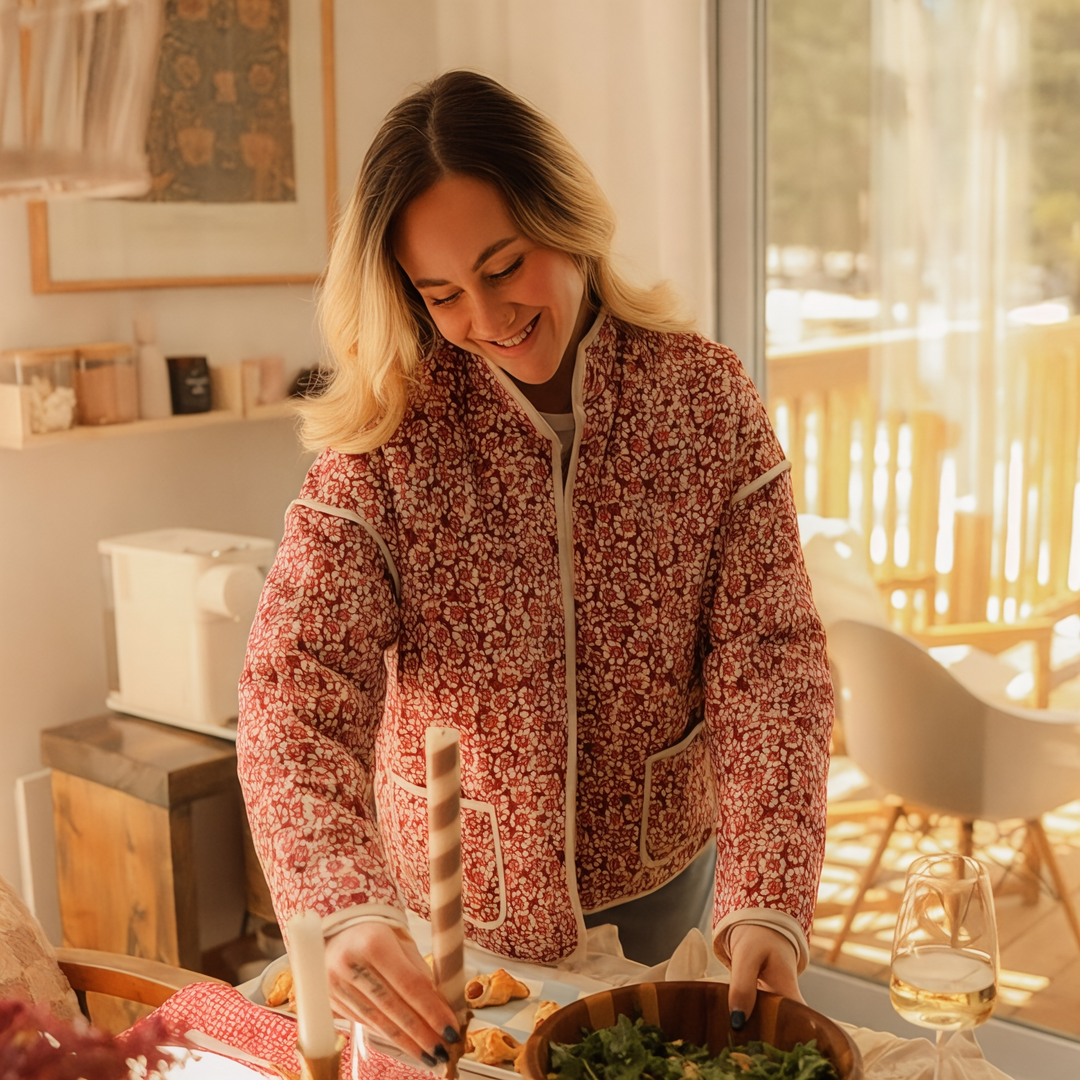 Quilted Floral Pattern Cropped Jacket with Stand Collar and Contrast Piping