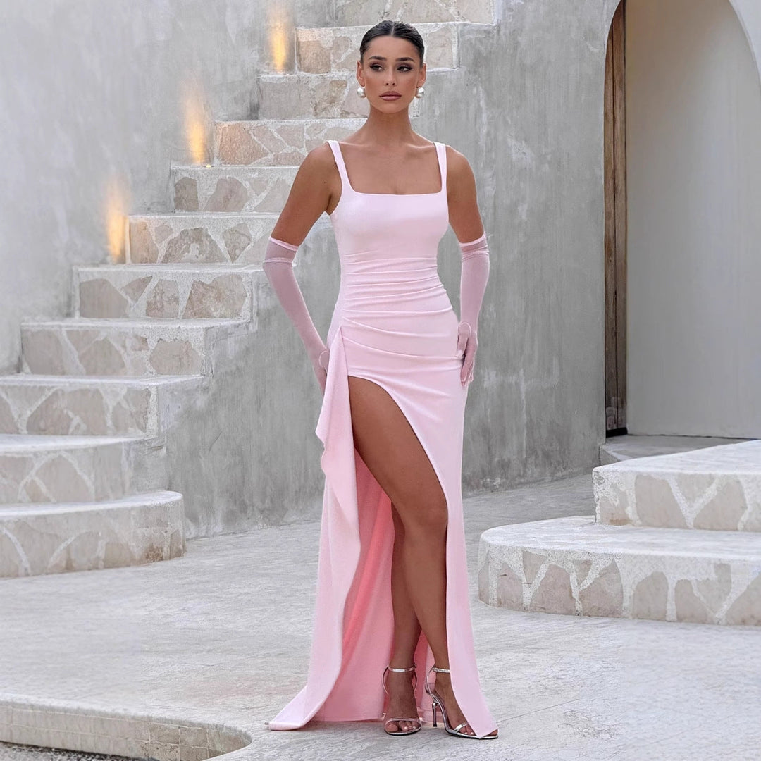 Fitted Maxi Dress with Square Neckline and Side Slit Detail