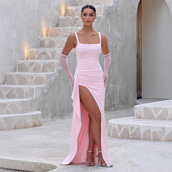 Fitted Maxi Dress with Square Neckline and Side Slit Detail