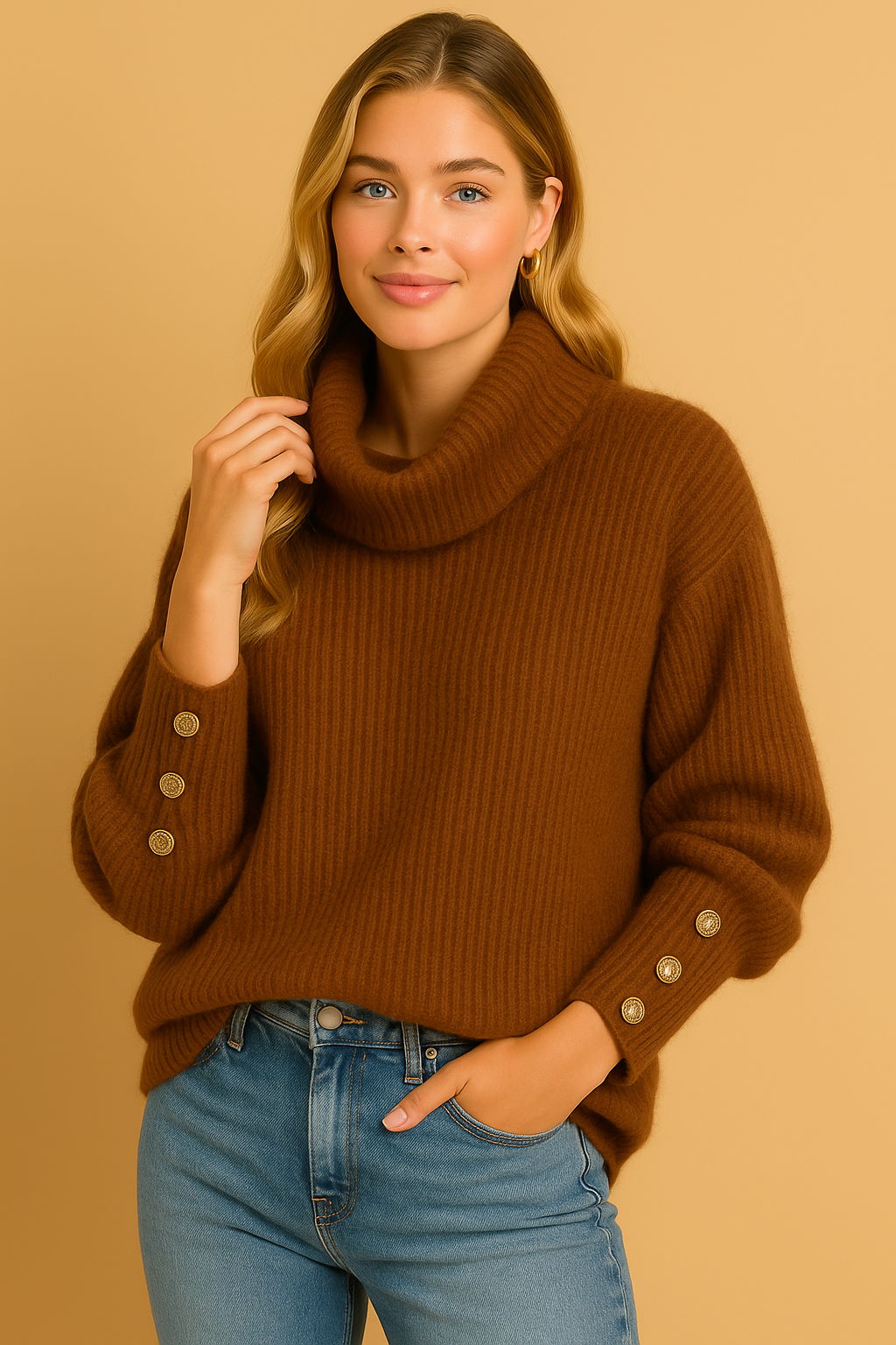 Cowl Neck Sweater with Button Cuffs and Relaxed Silhouette