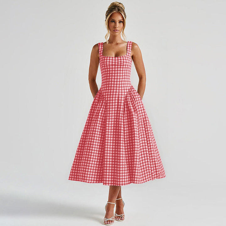 Midi Dress with Square Neckline, Corset Back, and Gathered Skirt