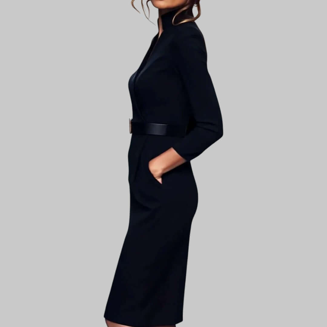 Mock Neck Sheath Midi Dress with V-Placket and Buckled Belt