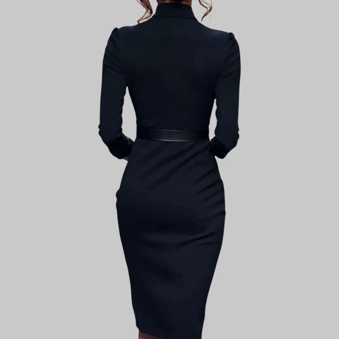Mock Neck Sheath Midi Dress with V-Placket and Buckled Belt