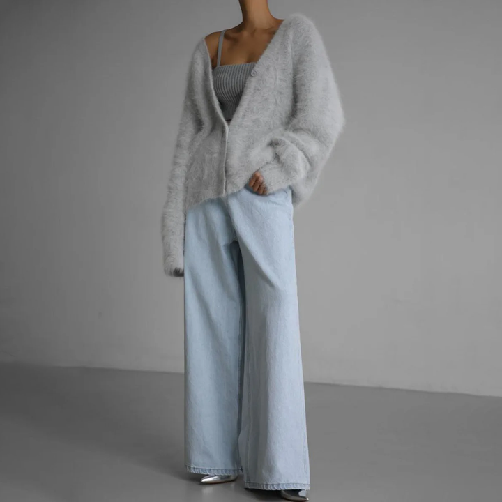 V-Neck Oversized Cardigan with Button Closure and Balloon Sleeves