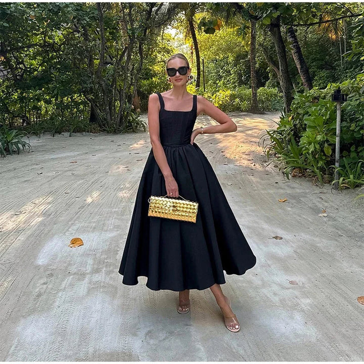 Square-Neck Corset-Bodice Full-Skirt Midi Dress