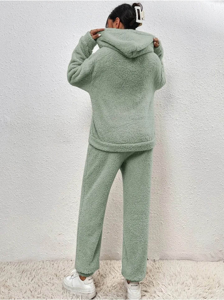 Fleece Hooded Top and Trousers Set with Kangaroo Pocket and Elasticated Finishes