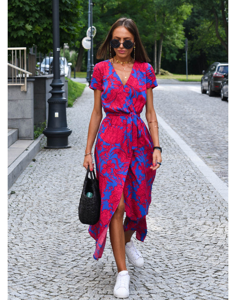 Short Sleeve V-Neck Wrap Dress with Tie Waist and High-Low Hem