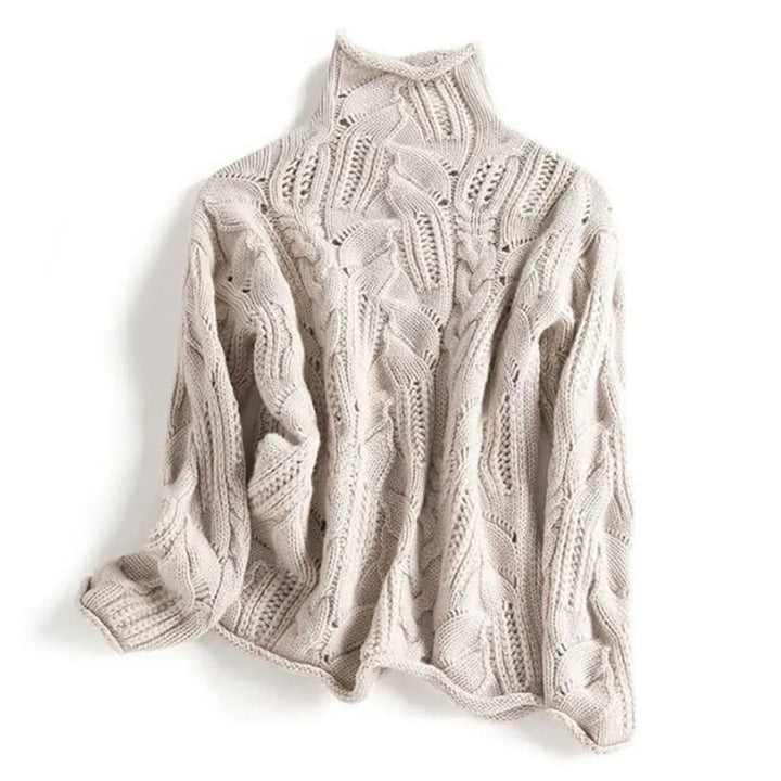Cable Knit Sweater with High Neckline and Ribbed Finishes
