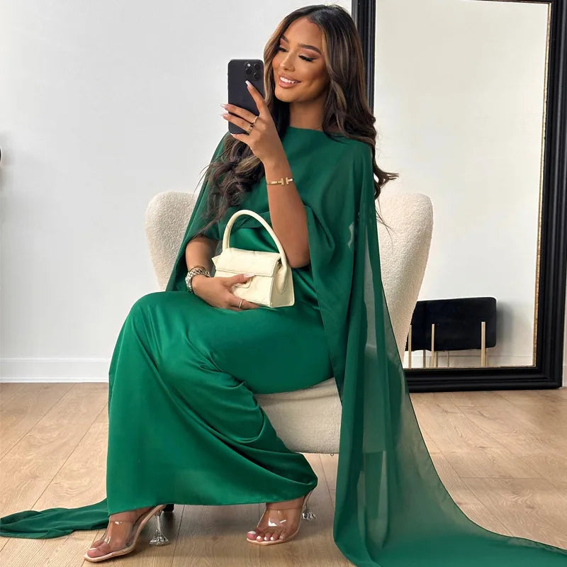 High-Neck Layered Formal Maxi Dress with Cape