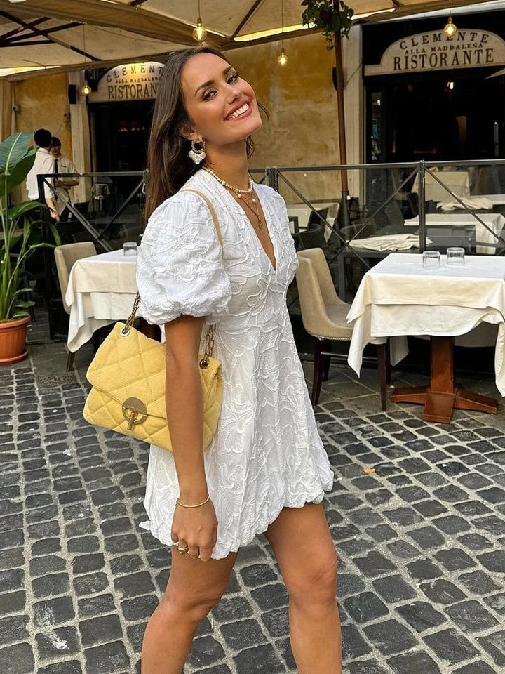 Embroidered Mini Dress with V-Neckline and Puff Sleeves