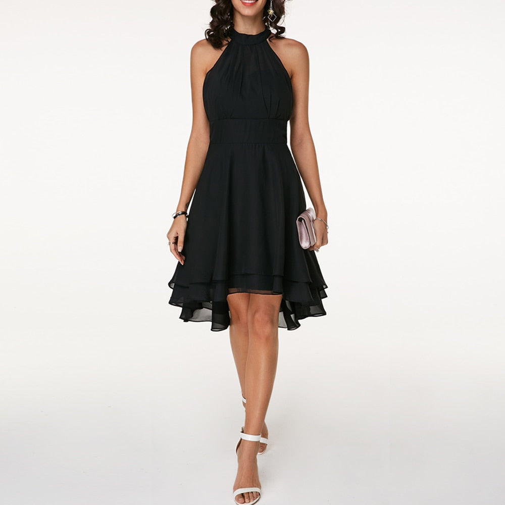Chiffon Mini Dress with Halter Neckline and High-Low Hem