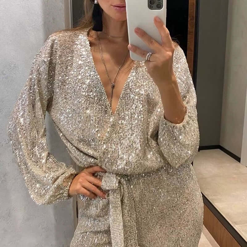 Sequin Jumpsuit with V-Neckline, Tie Waist, and Long Sleeves