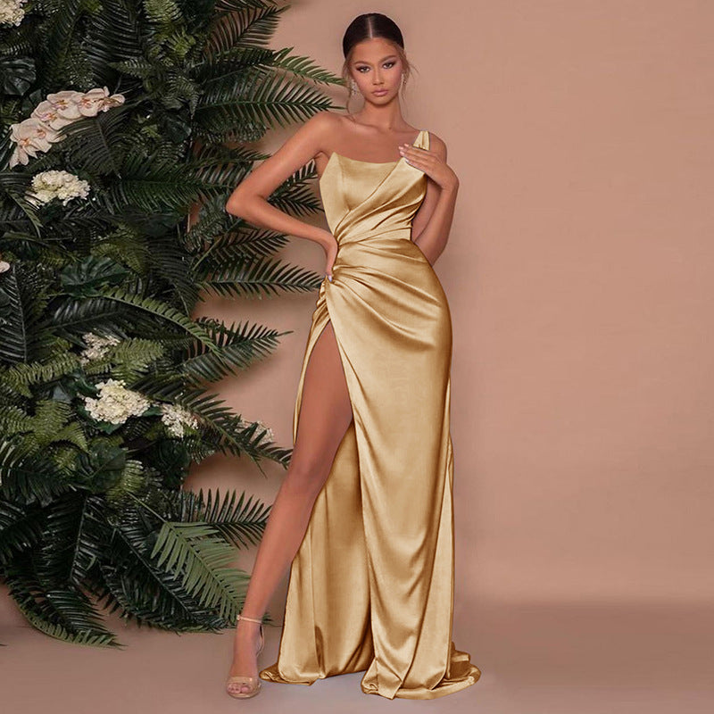 One-Shoulder Maxi Dress with High Split and Ruched Waist