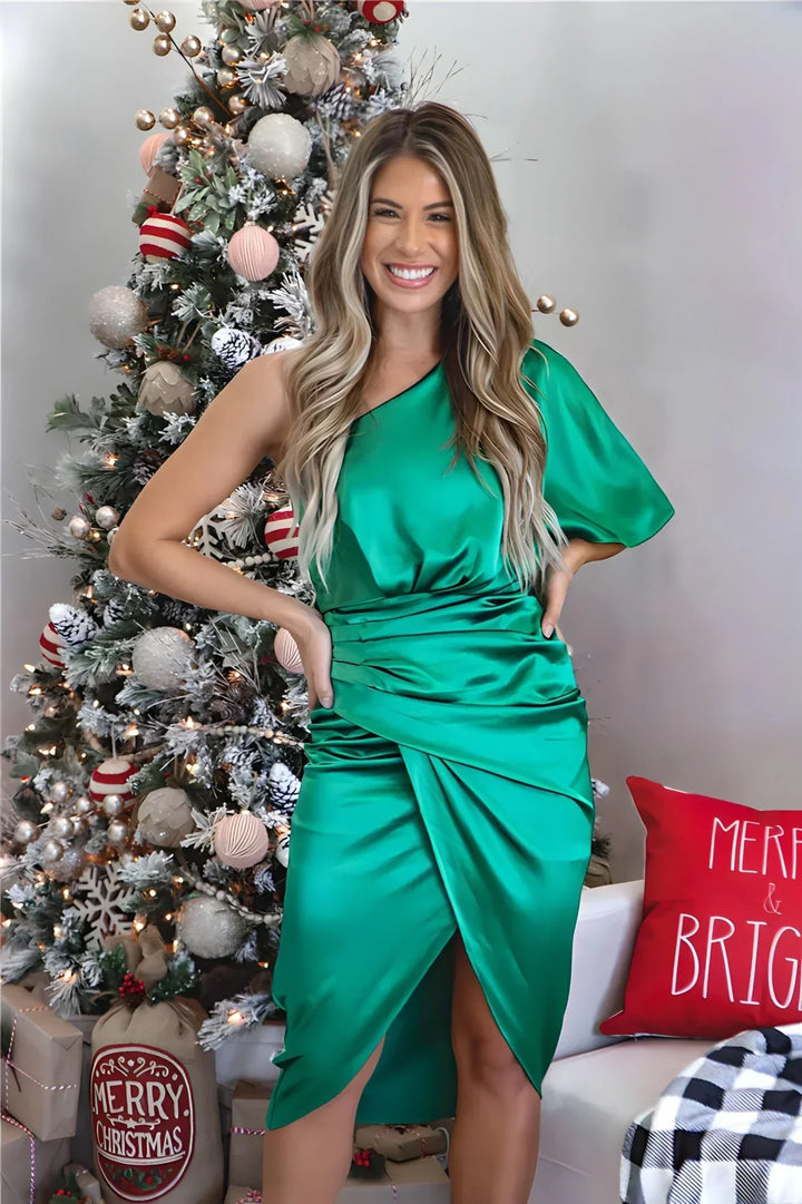 One Shoulder Midi Dress with Draped Bodice and Asymmetrical Hem
