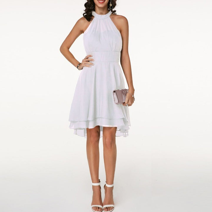 Chiffon Mini Dress with Halter Neckline and High-Low Hem