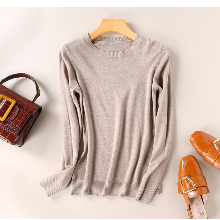 Crew Neck Sweater with Long Sleeves and Ribbed Hem