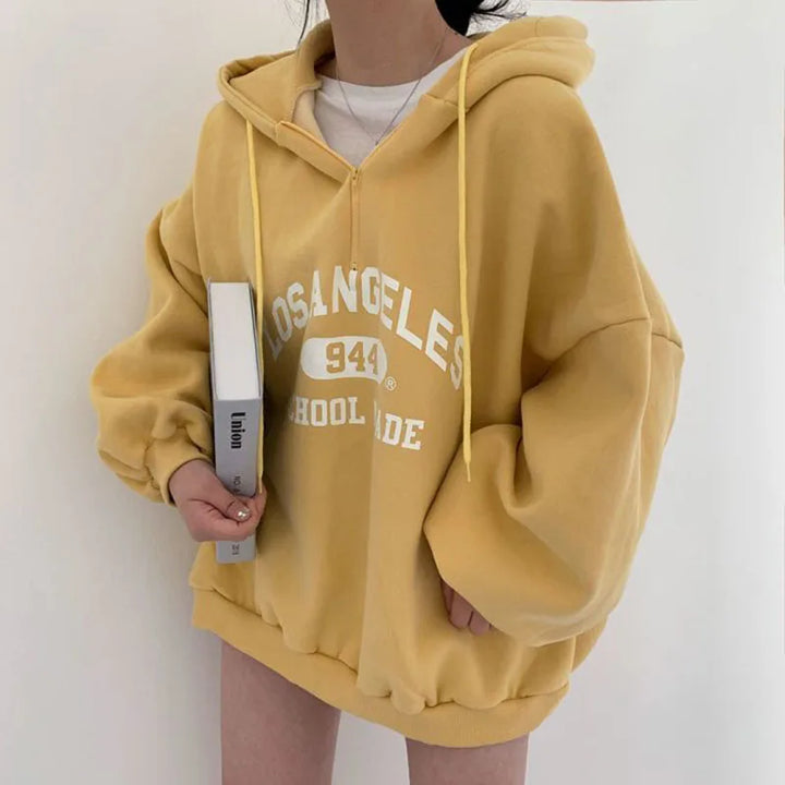Oversized Zip-Up Hoodie with Drawstring Hood and Graphic Print