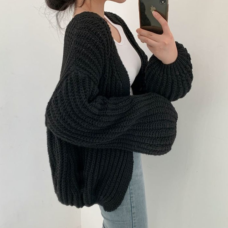Chunky Knit Open Front Cardigan with Balloon Sleeves