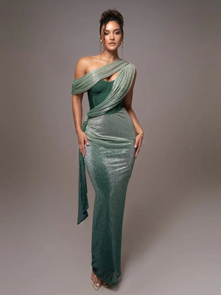 One-Shoulder Maxi Dress with Draped Overlay and Corset Bodice