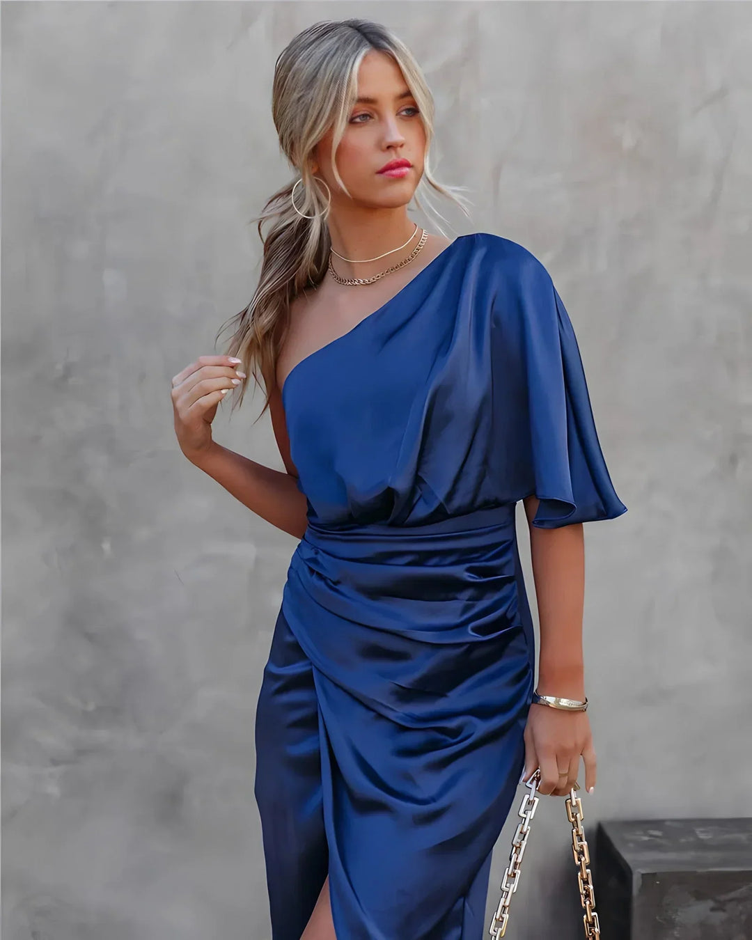 One Shoulder Midi Dress with Draped Bodice and Asymmetrical Hem