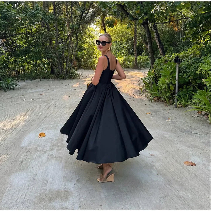Square-Neck Corset-Bodice Full-Skirt Midi Dress