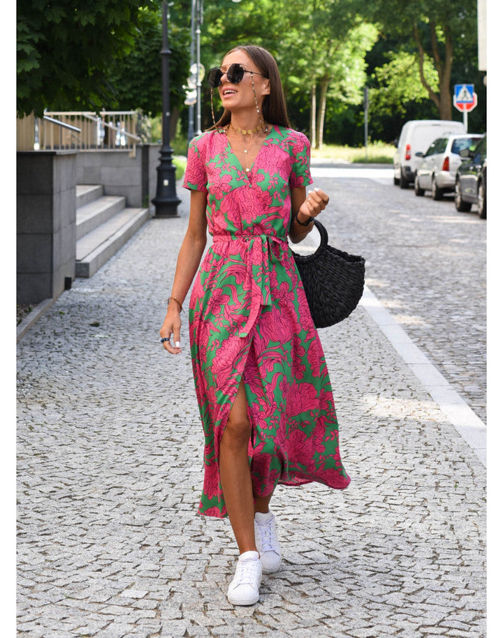 Short Sleeve V-Neck Wrap Dress with Tie Waist and High-Low Hem