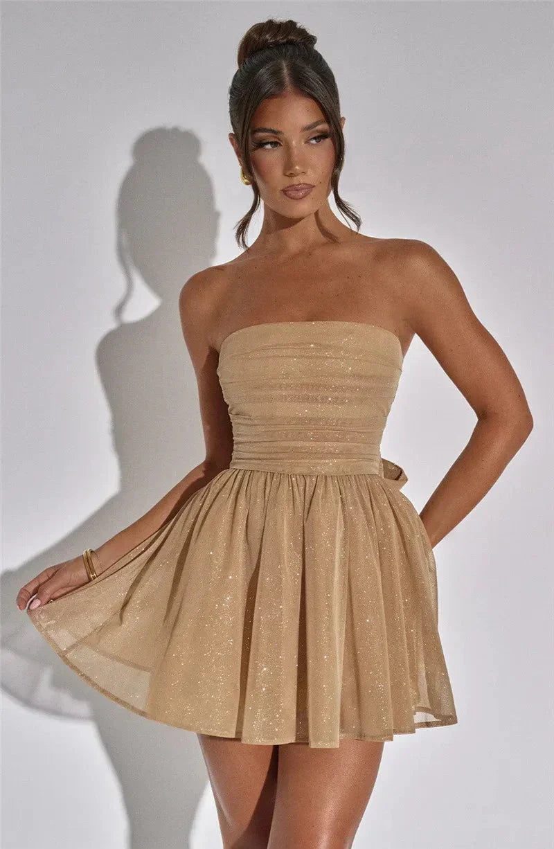 Strapless Mini Dress with Shirred Bodice and Back Bow Detail