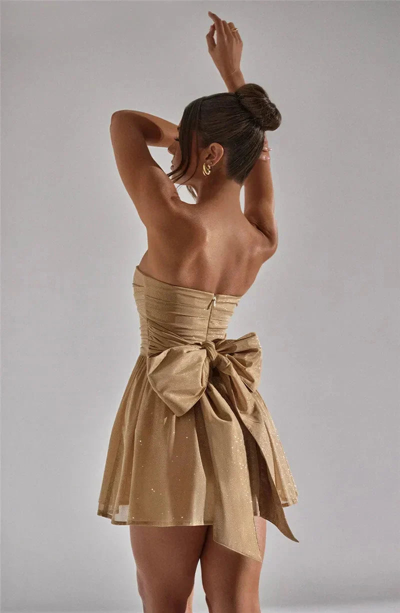 Strapless Mini Dress with Shirred Bodice and Back Bow Detail