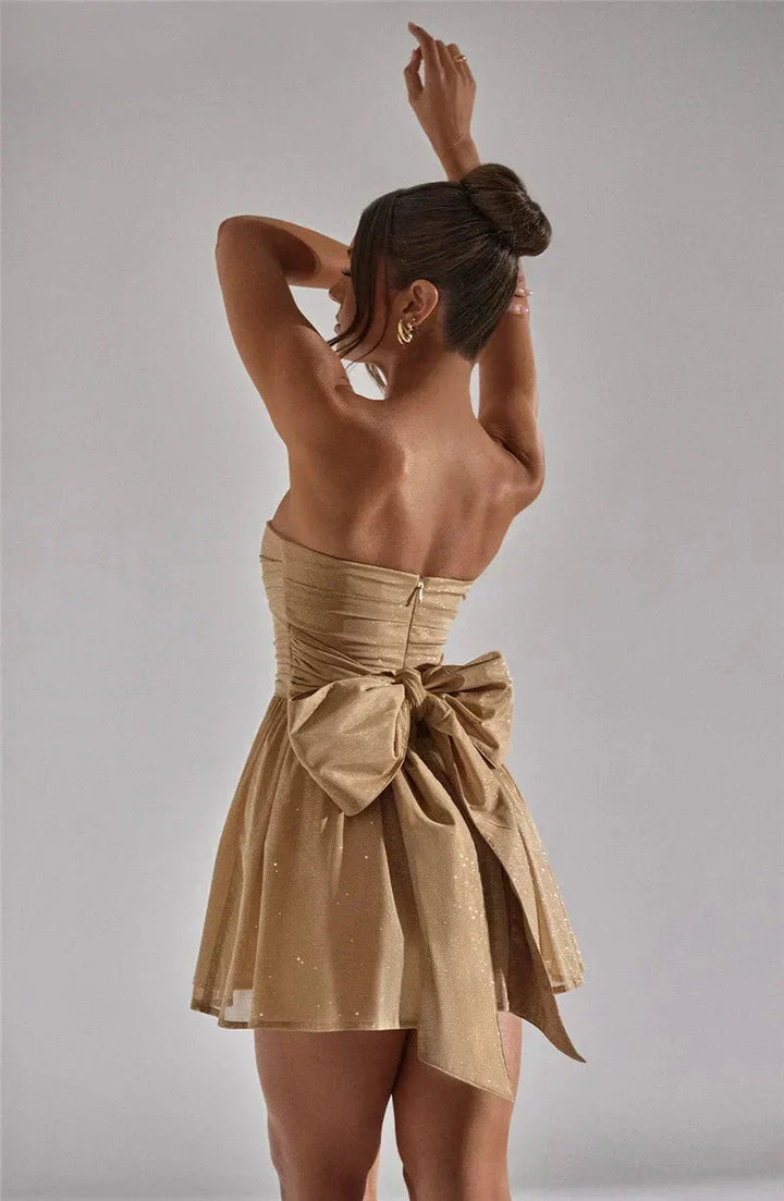 Strapless Mini Dress with Shirred Bodice and Back Bow Detail