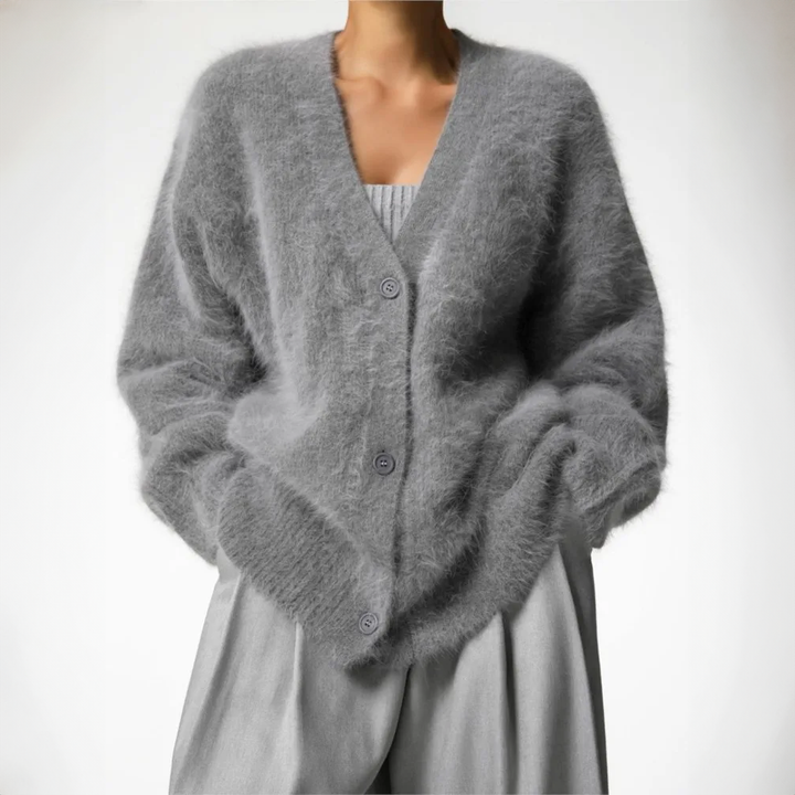 V-Neck Oversized Cardigan with Button Closure and Balloon Sleeves