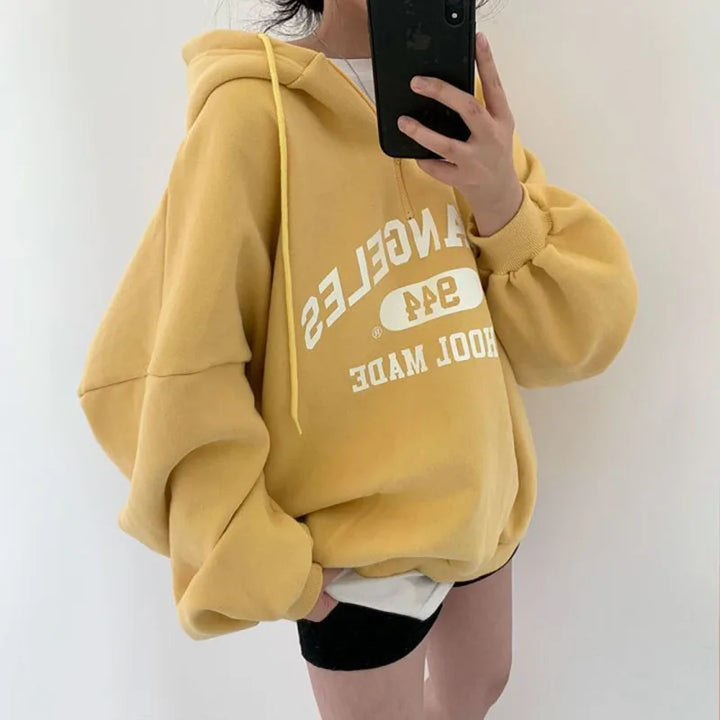 Oversized Zip-Up Hoodie with Drawstring Hood and Graphic Print