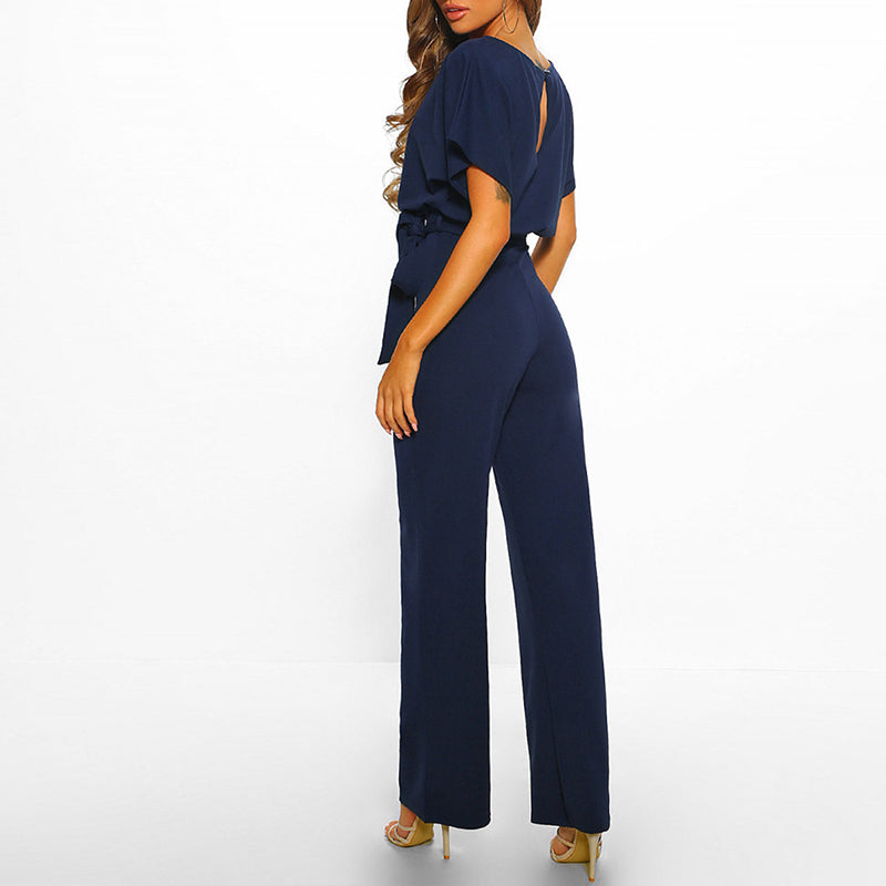 Wide Leg Jumpsuit with Short Sleeves, Round Neckline and Tie Waist Belt