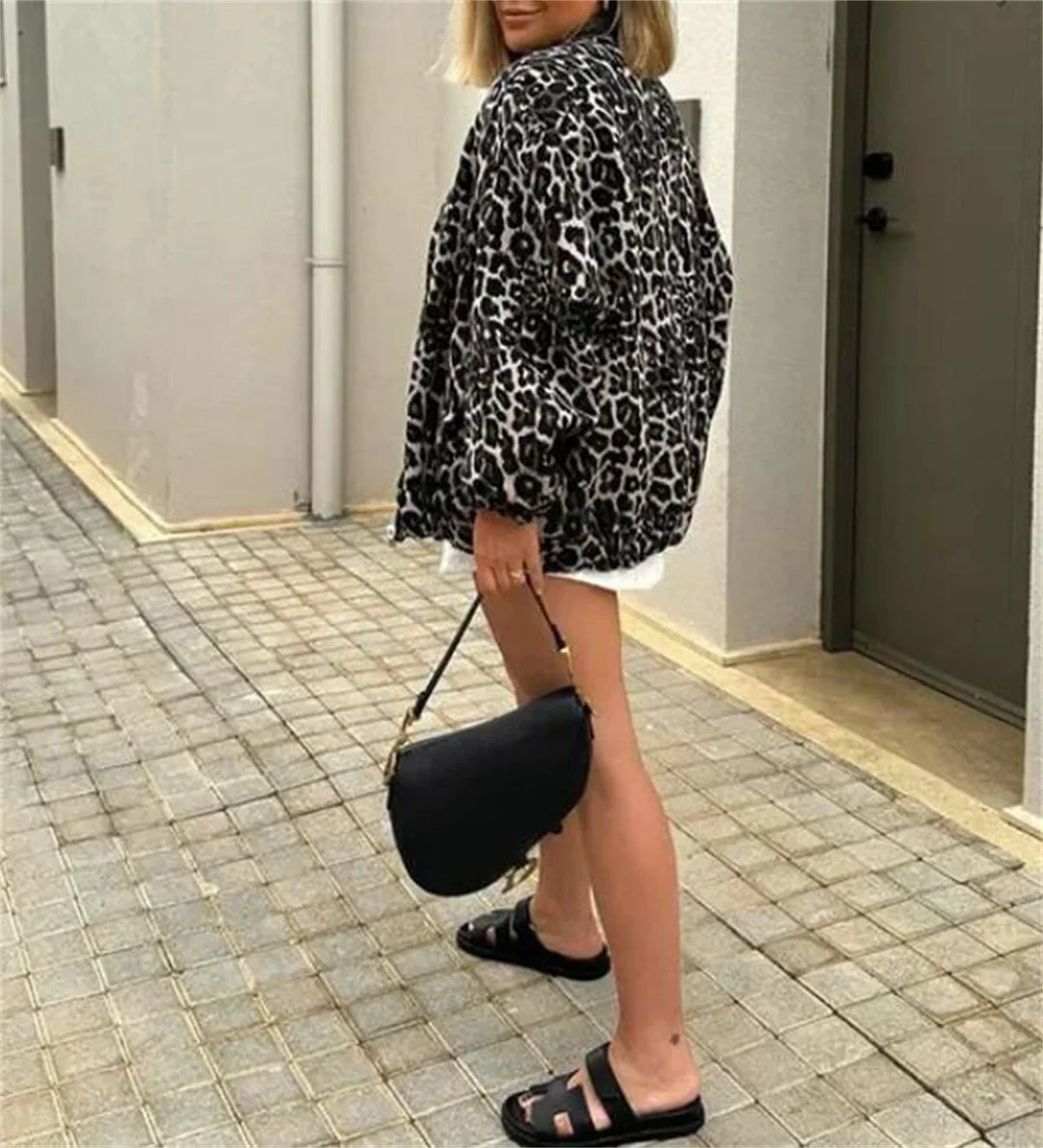 Cropped Bomber Jacket with Zip Closure and All-Over Print