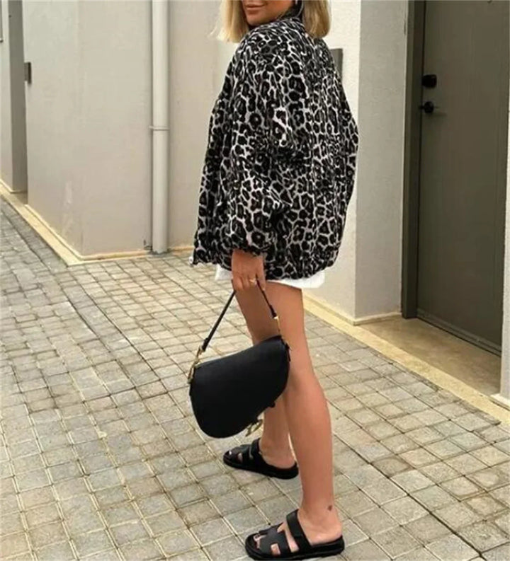 Cropped Bomber Jacket with Zip Closure and All-Over Print