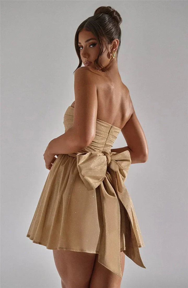 Strapless Mini Dress with Shirred Bodice and Back Bow Detail