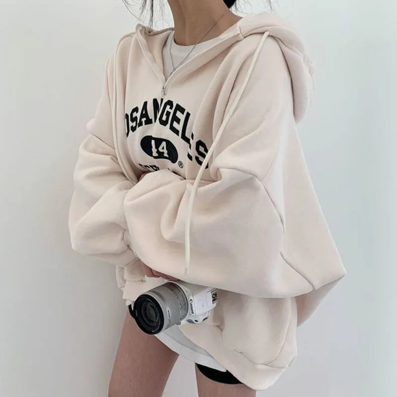 Oversized Zip-Up Hoodie with Drawstring Hood and Graphic Print
