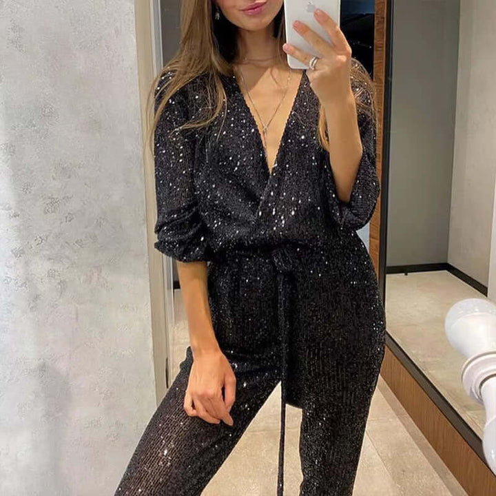 Sequin Jumpsuit with V-Neckline, Tie Waist, and Long Sleeves