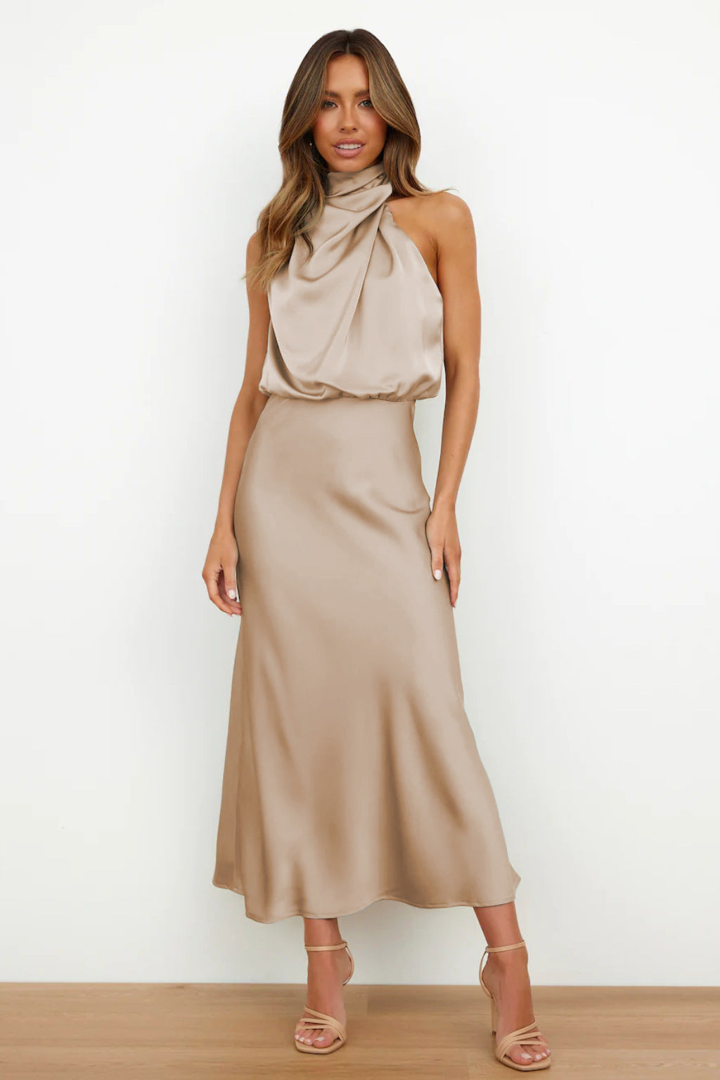 Halter Neck Midi Dress with Draped Cowl Bodice