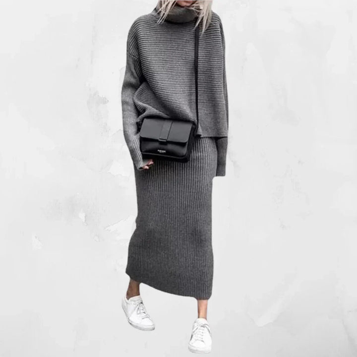 Ribbed Turtleneck Two-Piece Set with Long Sleeves and Maxi Skirt