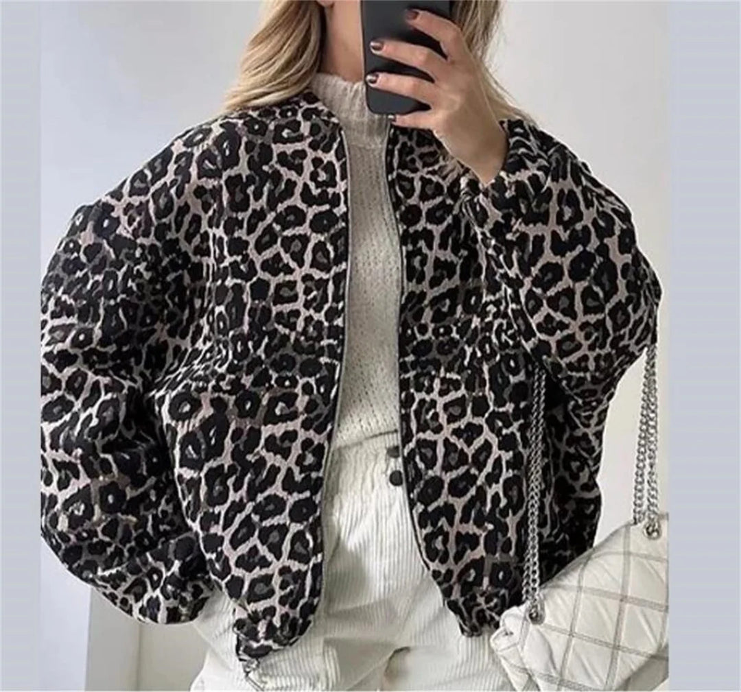 Cropped Bomber Jacket with Zip Closure and All-Over Print