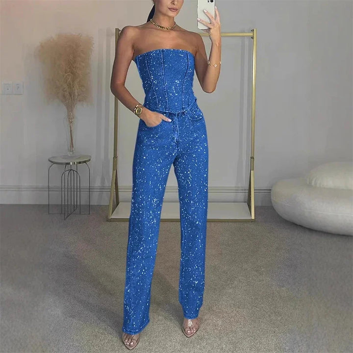 Strapless Denim Corset Top and High-Waist Straight-Leg Trousers with Rhinestone Embellishment
