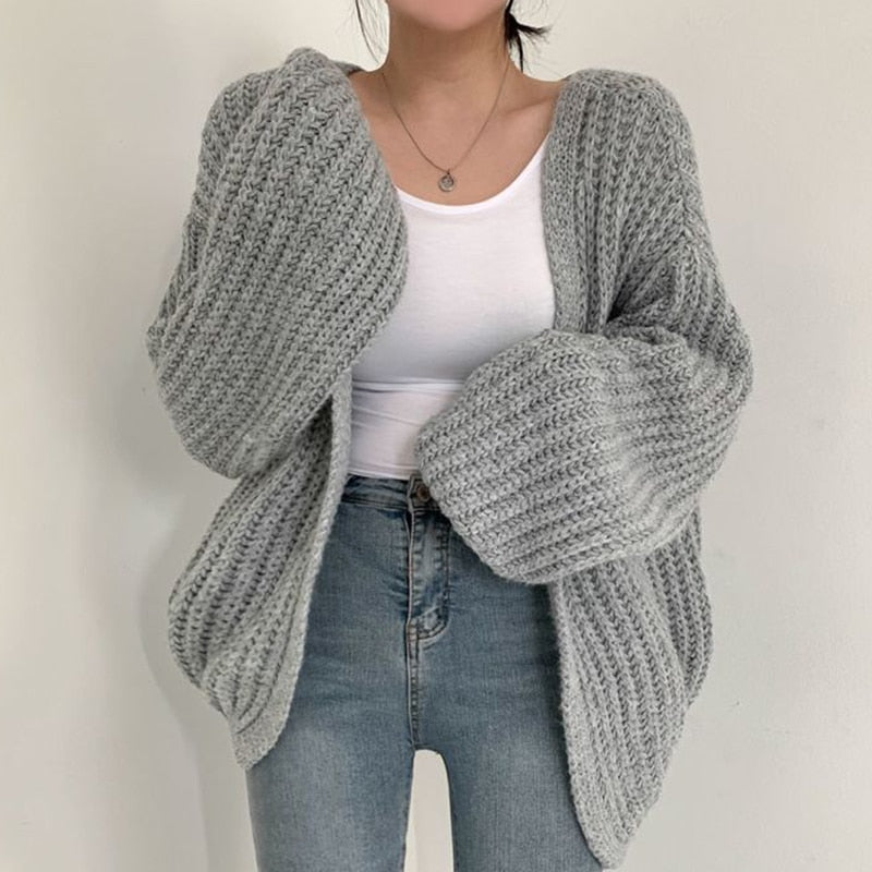 Chunky Knit Open Front Cardigan with Balloon Sleeves