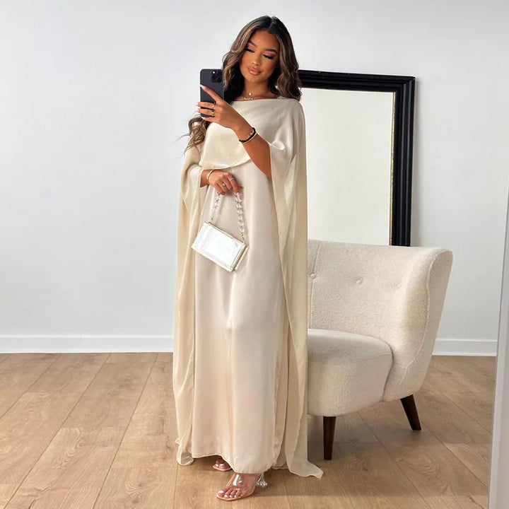 High-Neck Layered Formal Maxi Dress with Cape